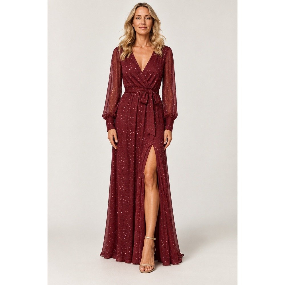 Baltic Born Burgandy Shimmer Formal Maxi Dress Sheer Sleeves (MSRP: $135) XXL